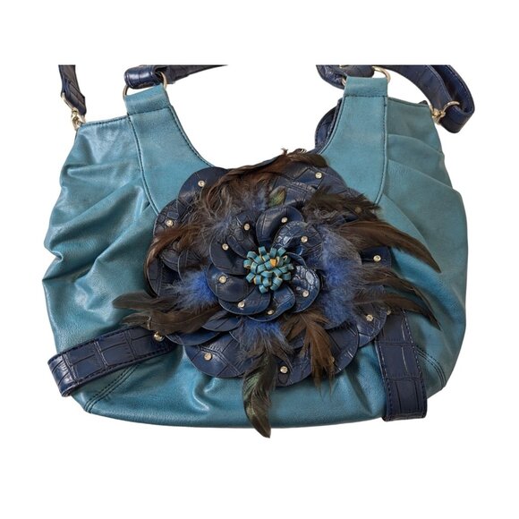 GG..ing Blue Flower with Feathers Crossbody Shoulder Bag Adjustable Faux Leather - Picture 2 of 16